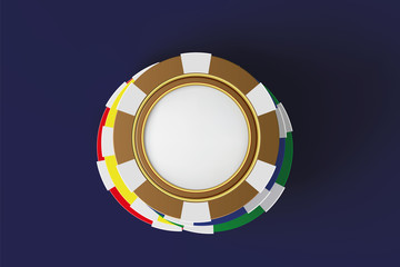 Top view of Casino poker chips on blue background. Online casino chip game on blue table gambling 3d vector concept