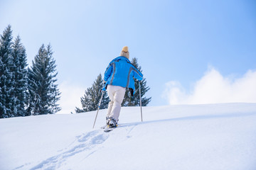Fototapeta na wymiar Woman is hiking with snowshoes on snow in winter landscape of forest in Oberstdorf, Bavaria Alps in South of Germany. Beautiful landscape with coniferous trees and white snow. Winter sport activity.