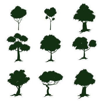 Set of trees, silhouette, cartoon style, isolated, vector, illustration