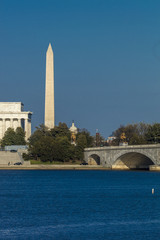 APRIL 10, 2018 - WASHINGTON D.C. - Memorial Bridge spans Potomac River and features Lincoln Memorial and Washington Monument