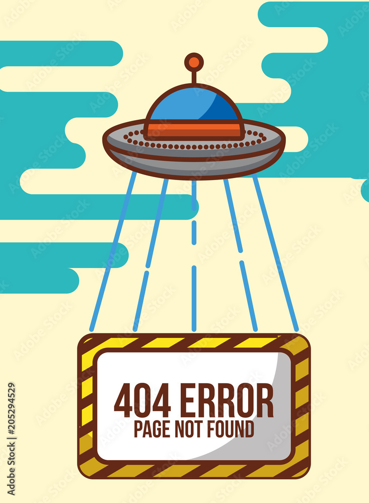 Wall mural ufo spaceship with message 404 error page not found vector illustration