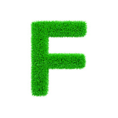 Alphabet letter F uppercase. Grassy font made of fresh green grass. 3D render isolated on white background.