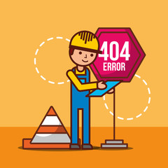 worker with sign board and cone 404 error page not found vector illustration