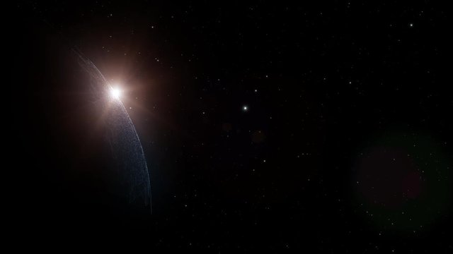 Abstract planet with sun light and stars in slow motion.