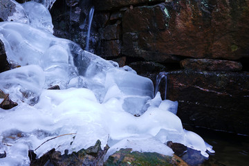 Ice Melting Around Stones and Small Spring Running from Inside Stones Wall.