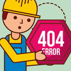 worker with sign board 404 error page not found under construction vector illustration