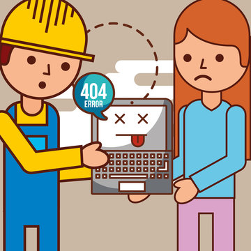 worker and girl with laptop 404 error page not found vector illustration