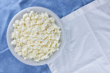 Cottage cheese on a white blue fabric background, soft cheese on a white plate, fresh homemade cheese on a white blue napkin. Dairy product in vintage style, healthy lifestyle. Copy space