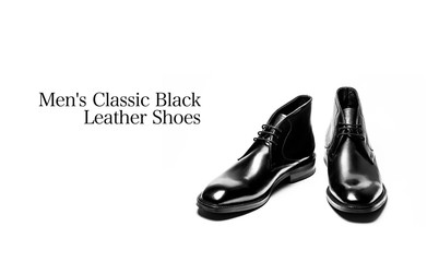 Classic male black leather shoes isolated on a white, top view