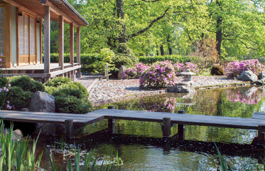 Fototapeta na wymiar view on tradition Japanese style garden with lake and bridge