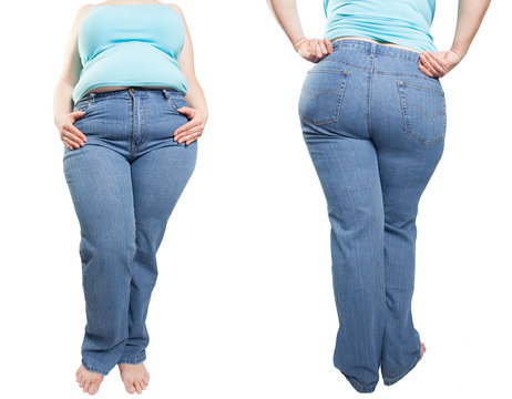 fat woman in blue jeans isolated on white background. Diet concept. (overweight, obesity)