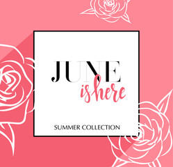 Design banner with lettering June is here logo. pink Card for spring season with black frame and wthite roses. Promotion offer Summer Collection with spring roses flower decoration. Vector