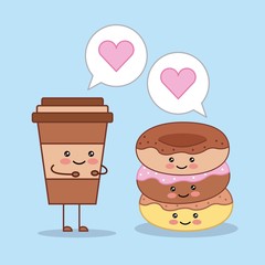kawaii coffee cup and sweet donuts cartoon vector illustration