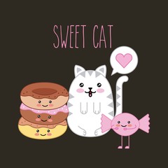 kawaii sweet cat and donut candy cartoon vector illustration