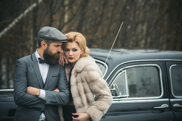 lover of sexy business lady. lover driver man with woman in fur coat.