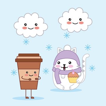 kawaii cute cat with coffee cup and clouds magic cartoon vector illustration