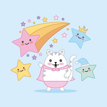 kawaii cute cat and funny stars cartoon vector illustration
