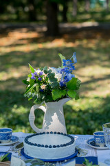 Cake with blue cream for men, decorated with blackberry and blueberry.