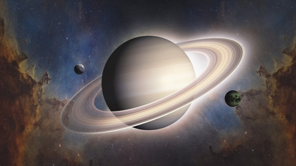 Planet of Solar system Saturn and satellite Titan. Surrealistic and fantastic 3D rendering. Clouds, stars, Orion nebula, meteorites. © Ser