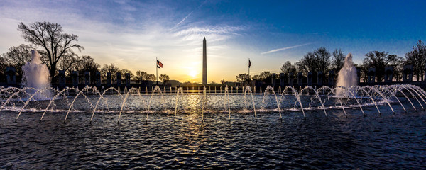 APRIL 10, 2018 - Washington D.C. - Fountains and World War II Memorial at Sunrise, Washington D.C.