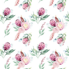 Hand drawing watercolor floral pattern with protea rose, leaves, branches and flowers. Bohemian seamless gold pink patterns prorea. Background for greeting wedding card.