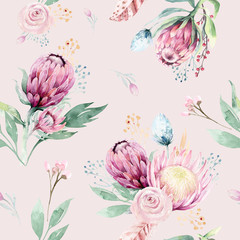 Hand drawing watercolor floral pattern with protea rose, leaves, branches and flowers. Bohemian seamless gold pink patterns prorea. Background for greeting wedding card.