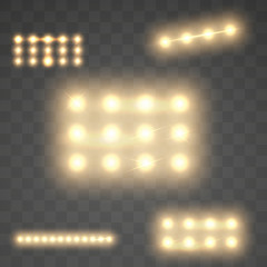 Golden stadium glowing light.  Spotlight stage effect isolated on transparent background. Concert scene with star dust illuminated by ray for your design.