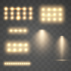 Golden stadium glowing light.  Spotlight stage effect isolated on transparent background. Concert scene with star dust illuminated by ray for your design.