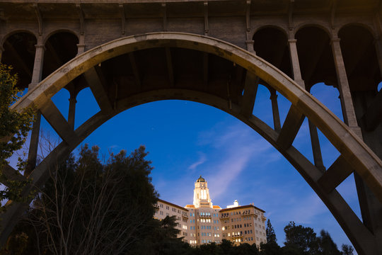 Colorado Bridge Arch Frames U. S. Ninth Circuit Court Of Appeals At Dusk, Pasadena, CA