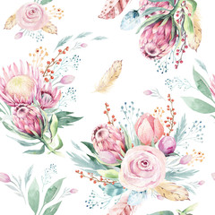 Hand tekenen aquarel bloemmotief met protea roos, bladeren, takken en bloemen. Boheemse naadloze goudroze patronen prorea. Achtergrond voor groet bruiloft kaart.