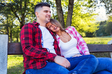 Young couple showing emotion outdoor.Young couple in love outdoor