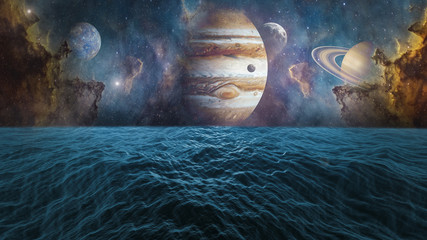 Planets of Solar system Jupiter, Mercury, Saturn, Venus and ocean with big waves. Surrealistic and fantastic 3D rendering. Clouds, stars, Orion nebula, sea, waves. 
