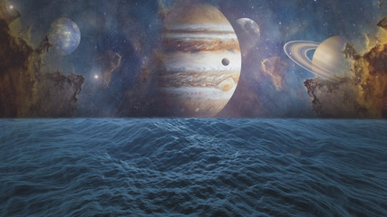Planets of Solar system Jupiter, Mercury, Saturn, Venus and ocean with big waves. Surrealistic and...