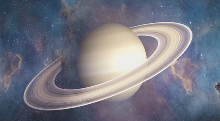 Planet of Solar system Saturn. Surrealistic and fantastic 3D rendering. Clouds, stars, Orion nebula, sea, waves.  © Ser