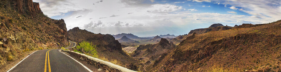 ROUTE 66 - OATES, SITGREAVES PASS IN BLACK MOUNTAINS, ARIZONA / CALIFORNIA - PANORAMA - AERIAL...