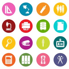 Stationery icons set vector colorful circles isolated on white background 