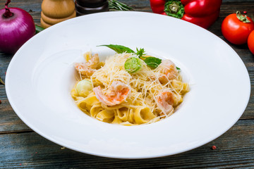 Pasta fettuccine with shrimps