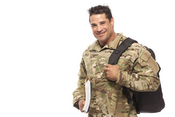 Soldier with bag and books