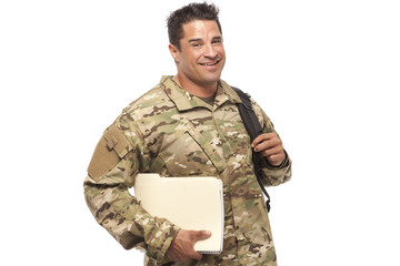 Soldier with books and bag