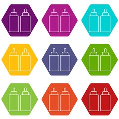 Ketchup mustard squeeze bottle icons 9 set coloful isolated on white for web