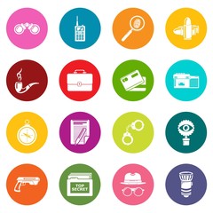 Spy icons set vector colorful circles isolated on white background 