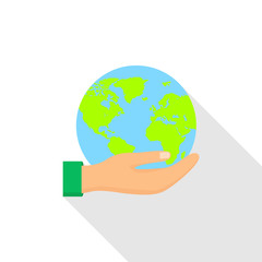 Hand hold a globe icon. Flat illustration of hand hold a globe vector icon for web design