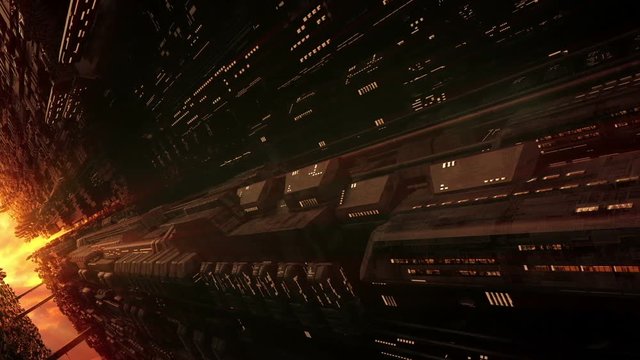 A 3D generated futuristic sci-fi city scene in an evening sunlight