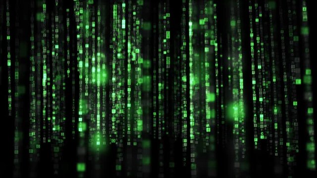 Flying columns of green HEX digital symbols. Futuristic big data information technology concept. Computer generated seamless loop animation 4k (4096x2304)

