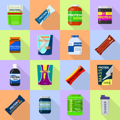 Protein sport nutrition containers icons set. Flat illustration of 16 sport nutrition containers vector icons for web