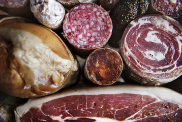 Closeup of charcuterie meat products