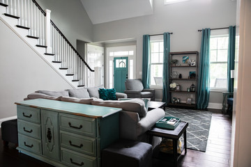 Modern Colorful Teal Gray Living Room Interior Home