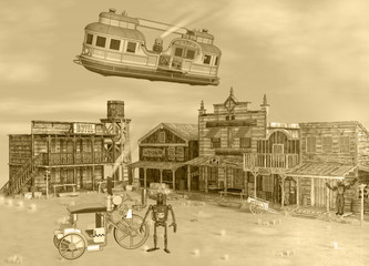3D Sepia Tone illustration of Old Western Steam Punk Scene