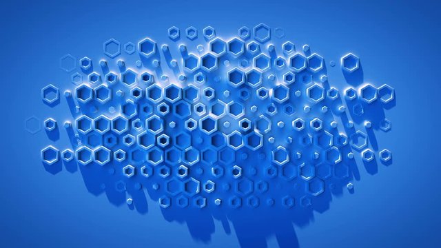 Blue wall with various hexagon shapes. Computer generated motion graphics. 3D render seamless loop smooth animation 4k UHD 3840x2160
