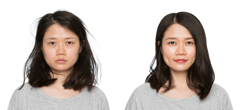 woman before and after makeup.Set of two pictures of the same woman